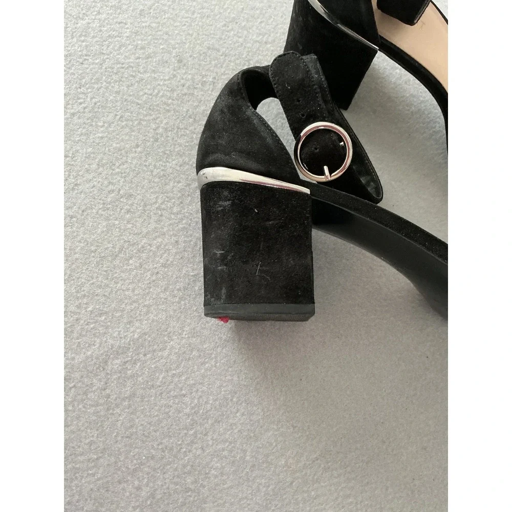 Nine West Block Heel Pumps Size 10M Black Suede Ankle Strap Metallic Trim